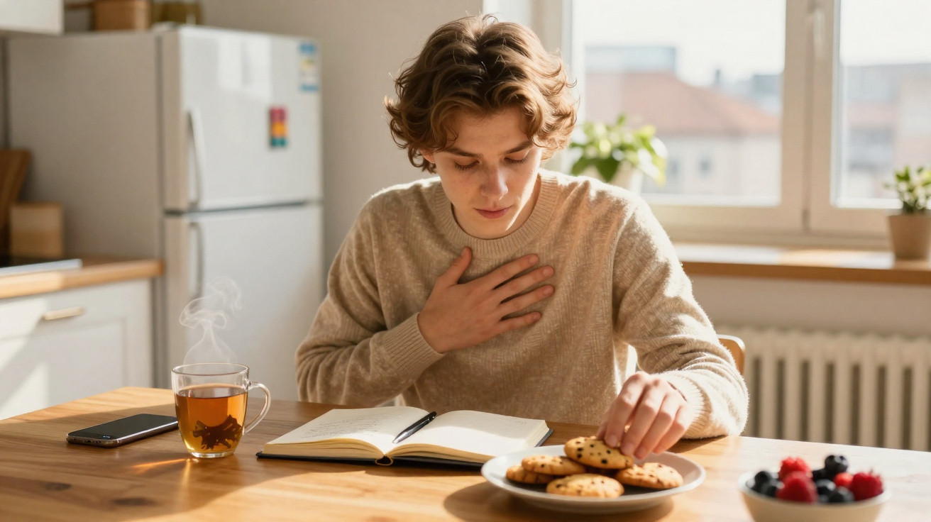 Jovem sentado à mesa a ler um livro, com chá e biscoitos, num ambiente de cozinha iluminado pela luz natural.