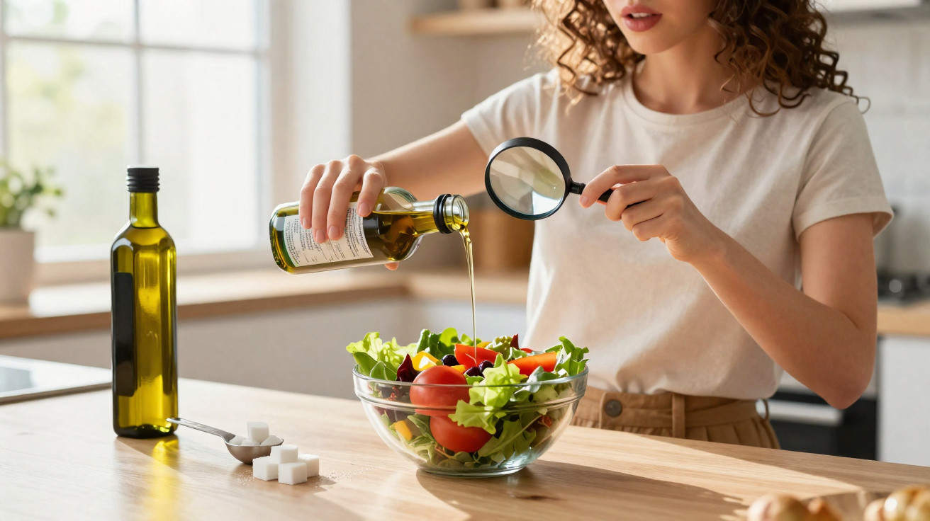 Mulher a ver garrafa de azeite através de lupa enquanto adiciona azeite a salada numa cozinha moderna.
