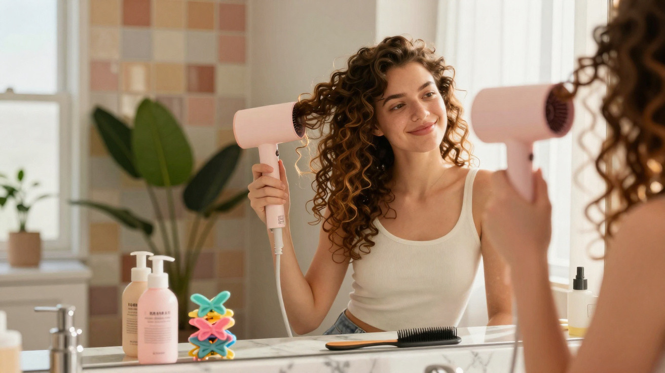 Mulher com cabelo encaracolado a secar o cabelo com secador à frente do espelho numa casa de banho.