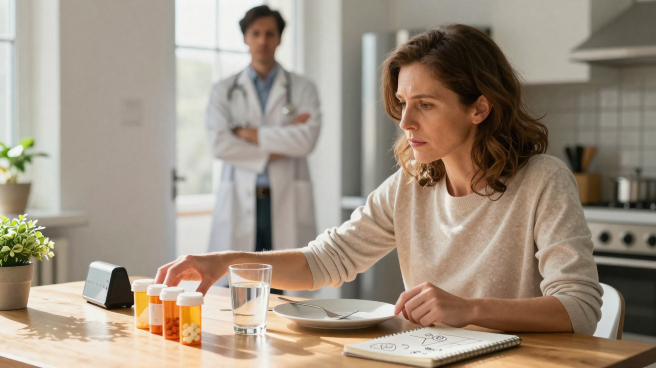 Mulher preocupada escolhe medicamentos à mesa enquanto médico observa ao fundo numa cozinha.