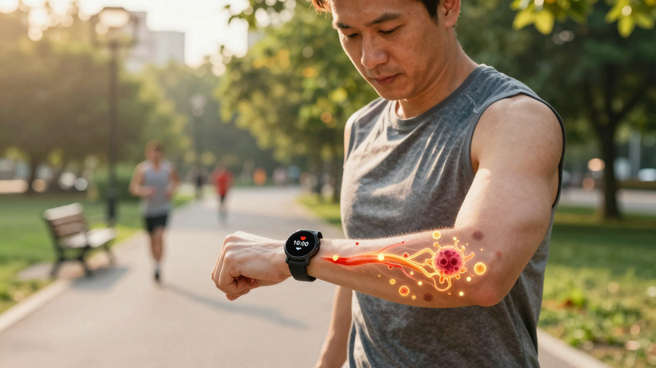 Homem a correr num parque a olhar para o relógio no pulso com ilustração de circulação sanguínea no antebraço.