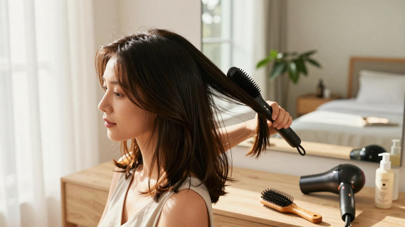 Mulher a escovar o cabelo castanho escuro num quarto iluminado, com secador e produtos na secretária.