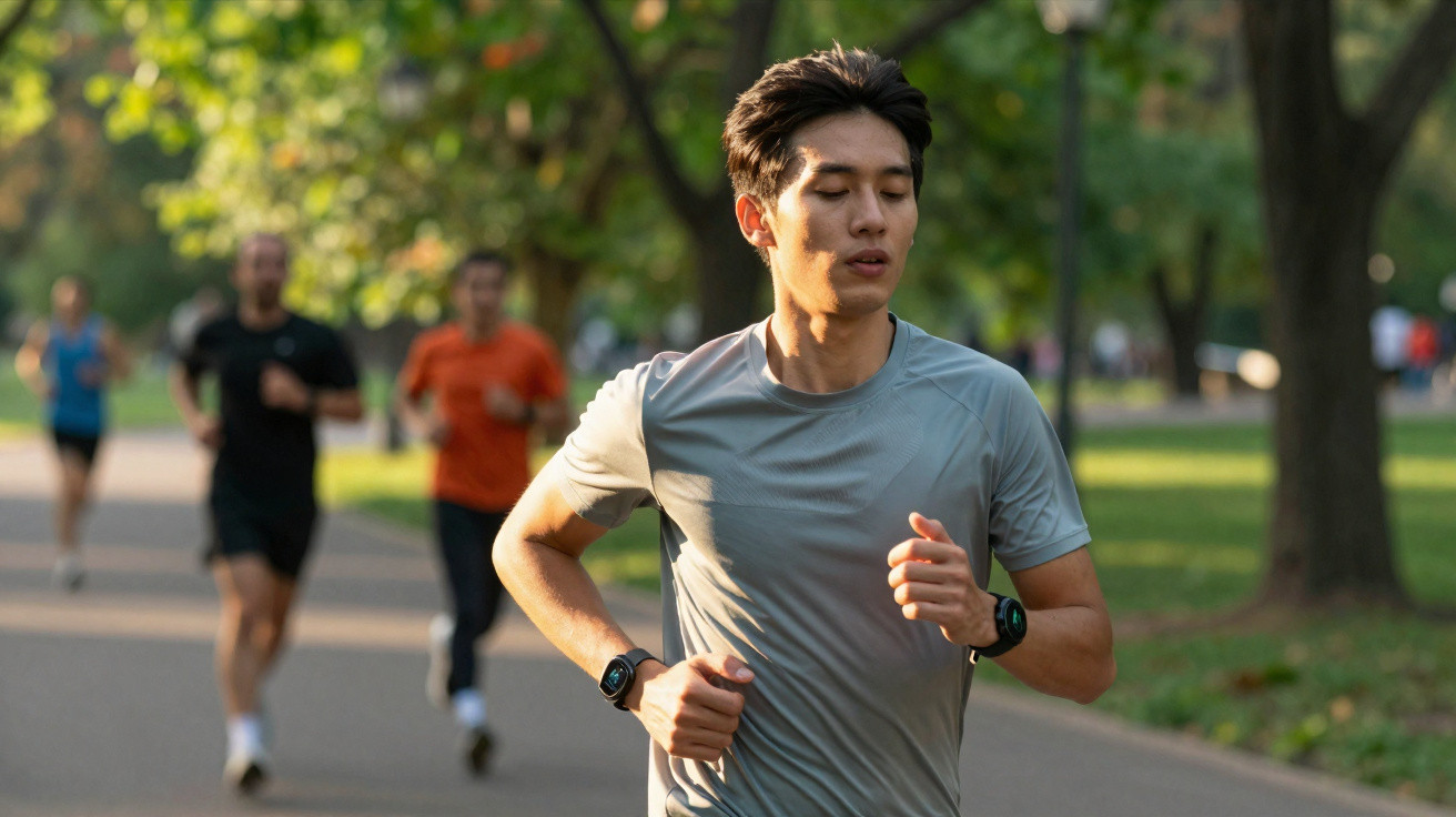 Homem a correr num parque com outras pessoas a correr ao fundo em dia soalheiro.