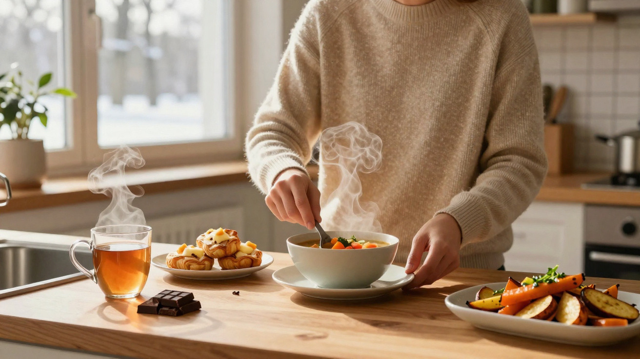 Pessoa a mexer sopa quente numa tigela, com chá, bolos e legumes assados numa cozinha luminosa.