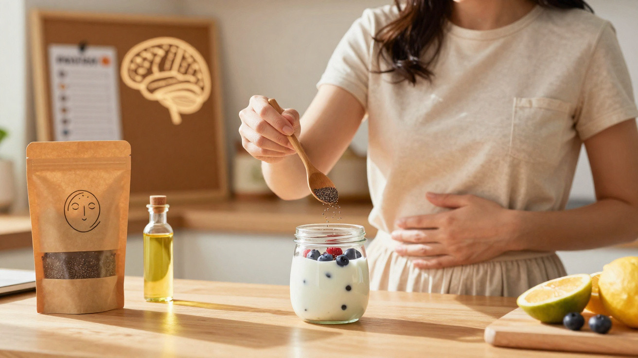 Mulher a polvilhar sementes em iogurte com frutos vermelhos numa cozinha luminosa.