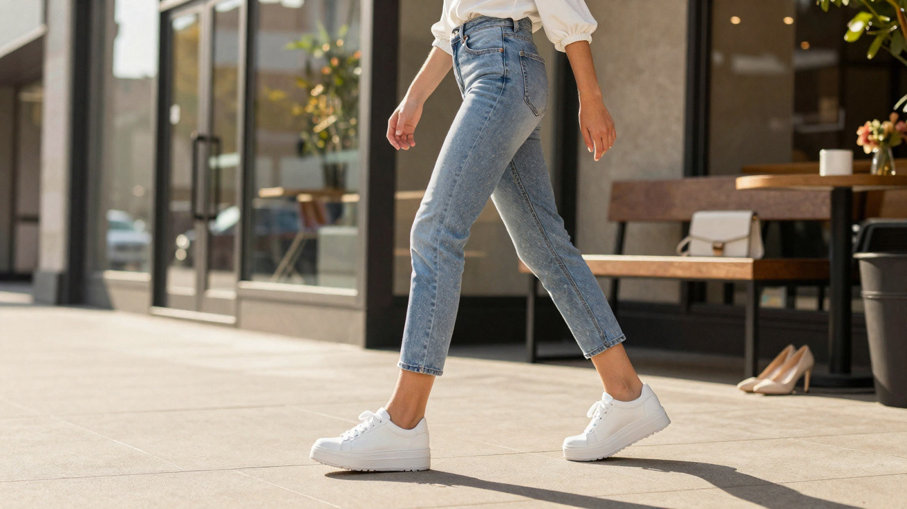 Pessoa de jeans e ténis brancos a caminhar numa rua urbana com vitrinas e bancos.
