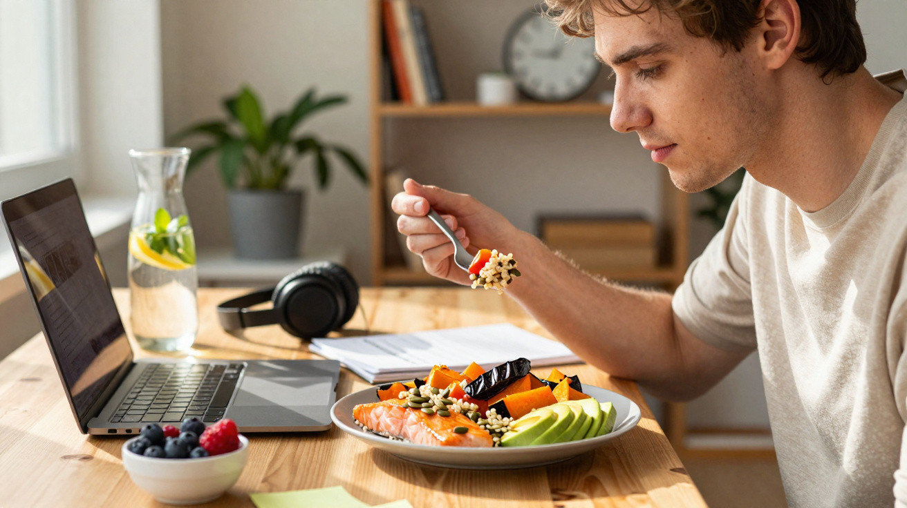 Jovem a almoçar saudável em frente a portátil com salmão, abacate, legumes e sementes numa mesa de madeira.
