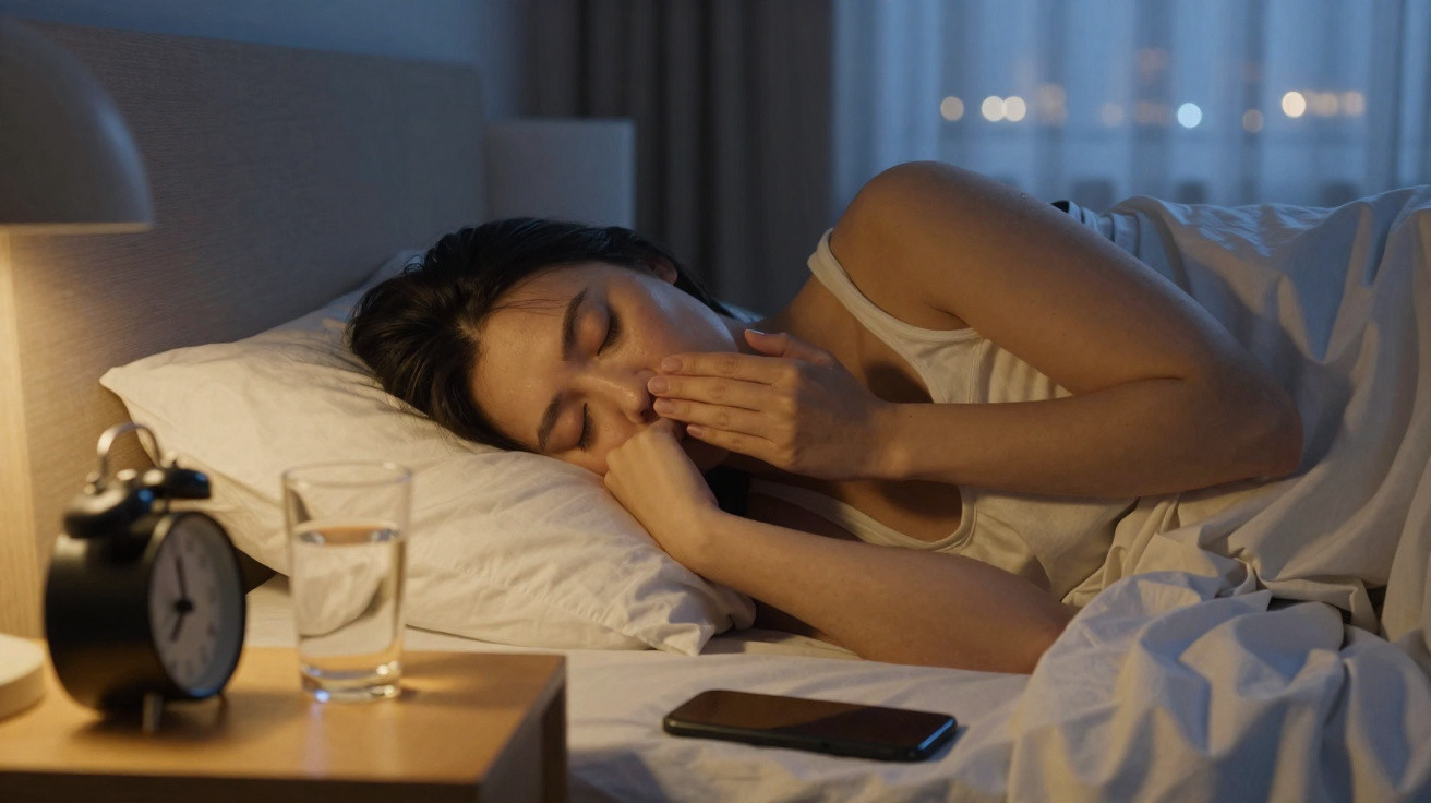 Mulher deitada na cama a bocejar durante a noite, com relógio, copo de água e telemóvel na mesa de cabeceira.