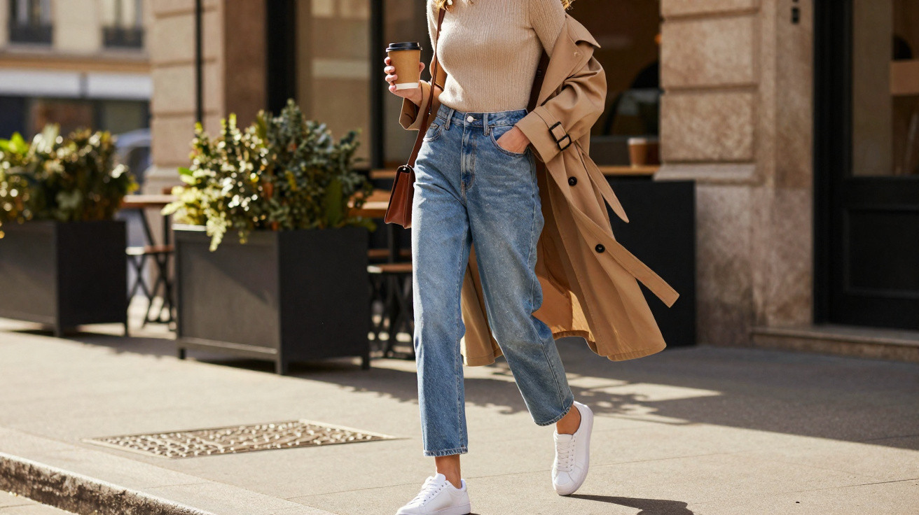 Pessoa vestida com casaco bege, jeans e sapatilhas brancas, segurando copo de café para viagem na rua.