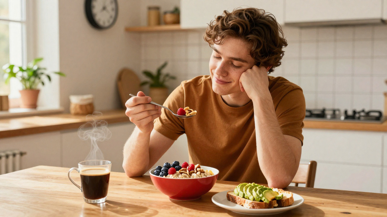 Jovem sentado à mesa a comer uma taça de frutas e nozes com torrada de abacate e café fumegante.