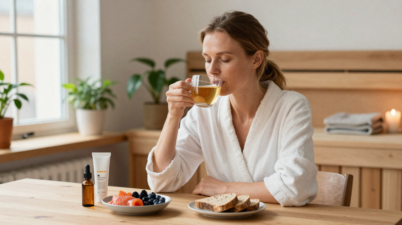 Mulher de roupão branco a beber chá sentada à mesa com alimentos e frascos de cuidados pessoais.