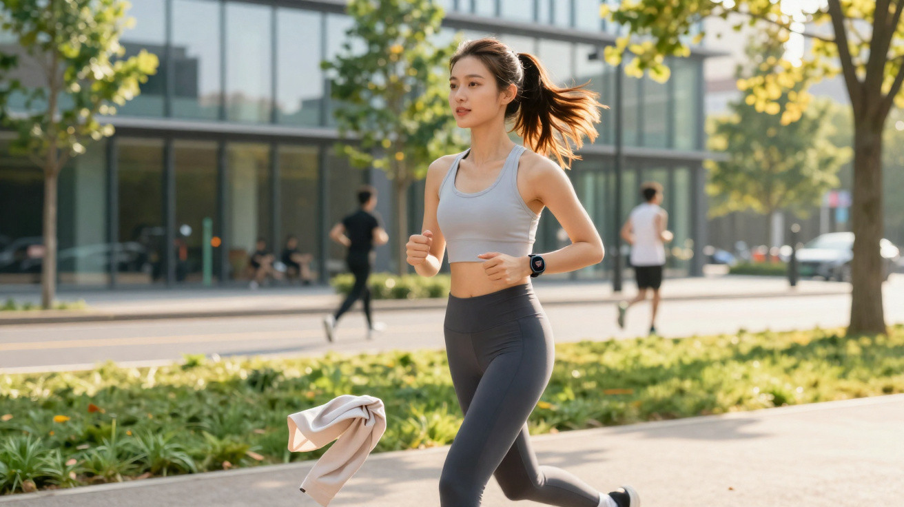 Mulher jovem a correr ao ar livre num percurso urbano, vestida com roupa de treino cinzenta.