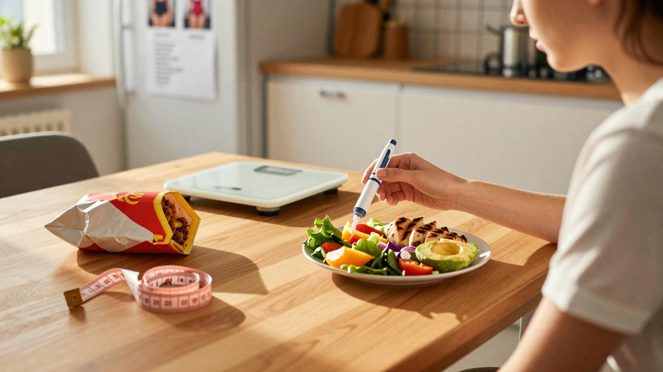 Pessoa a medir glicemia sentada à mesa com salada e batatas fritas ao lado numa cozinha.