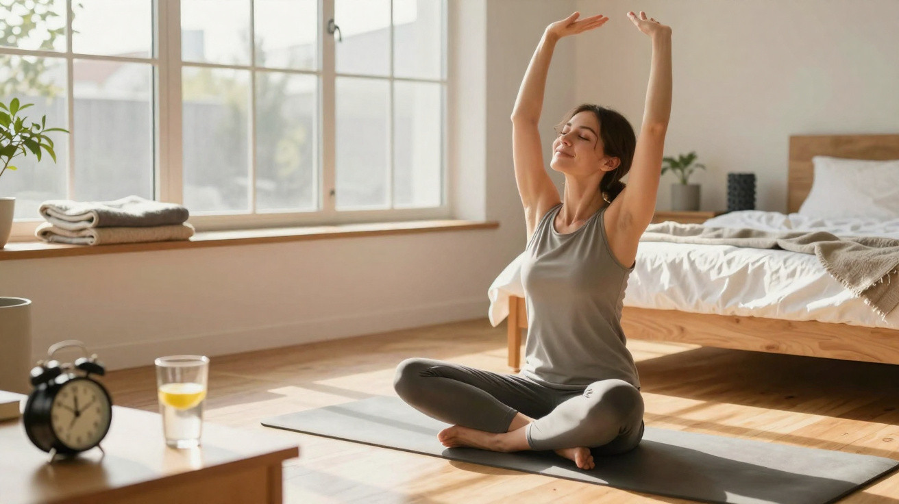 Mulher a praticar yoga sentada e a alongar os braços numa sala iluminada pela manhã.