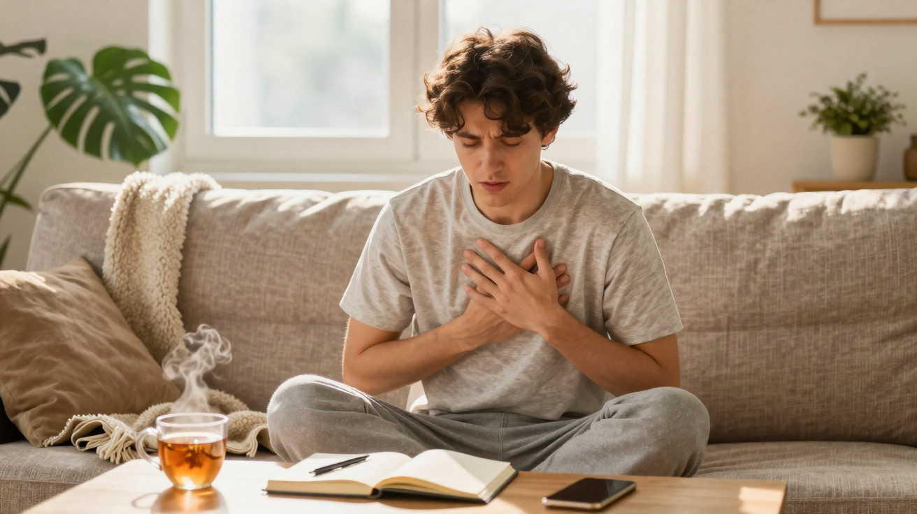 Jovem sentado no sofá com expressão de dor no peito, livro aberto e chá quente na mesa.
