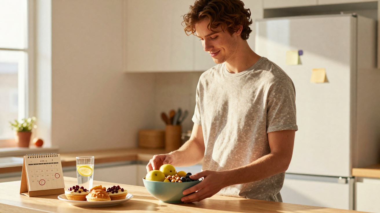 Homem jovem a preparar uma taça com frutas numa cozinha moderna e iluminada.