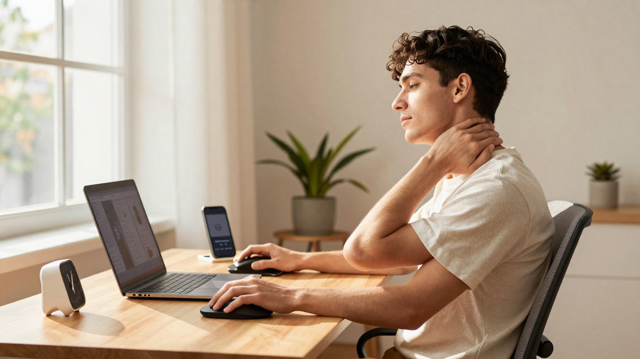 Homem com dor no pescoço sentado a trabalhar num computador portátil numa mesa iluminada por luz natural.