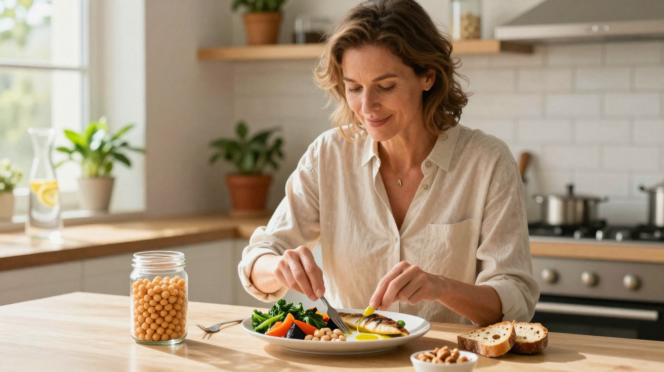 Mulher sentada a comer uma refeição saudável com legumes, grão-de-bico e pão numa cozinha luminosa.