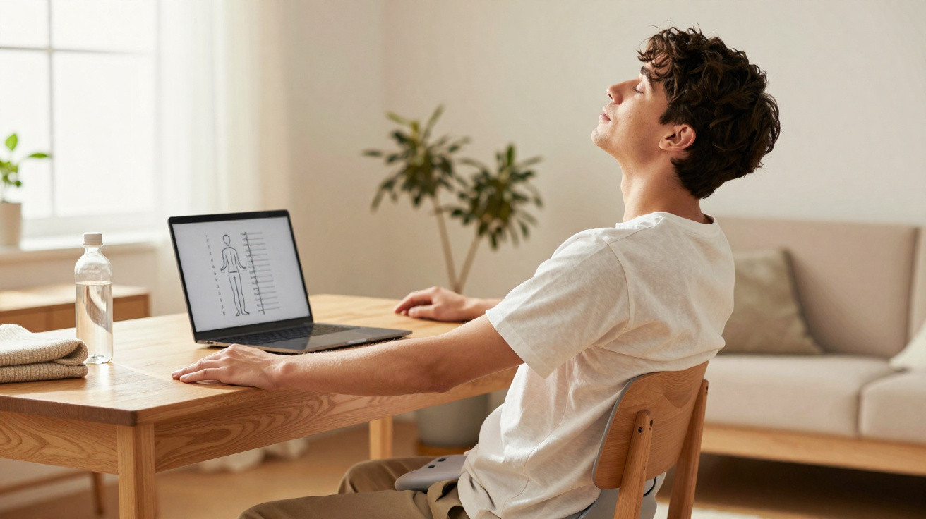 Jovem sentado numa cadeira a fazer alongamentos de pescoço junto a uma mesa com computador portátil.