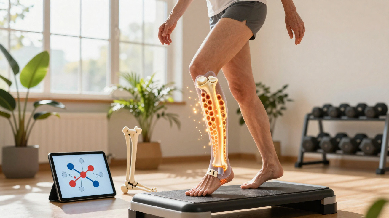 Pessoa a fazer exercícios de fisioterapia para recuperação óssea da perna, com ilustração dos ossos e articulações.