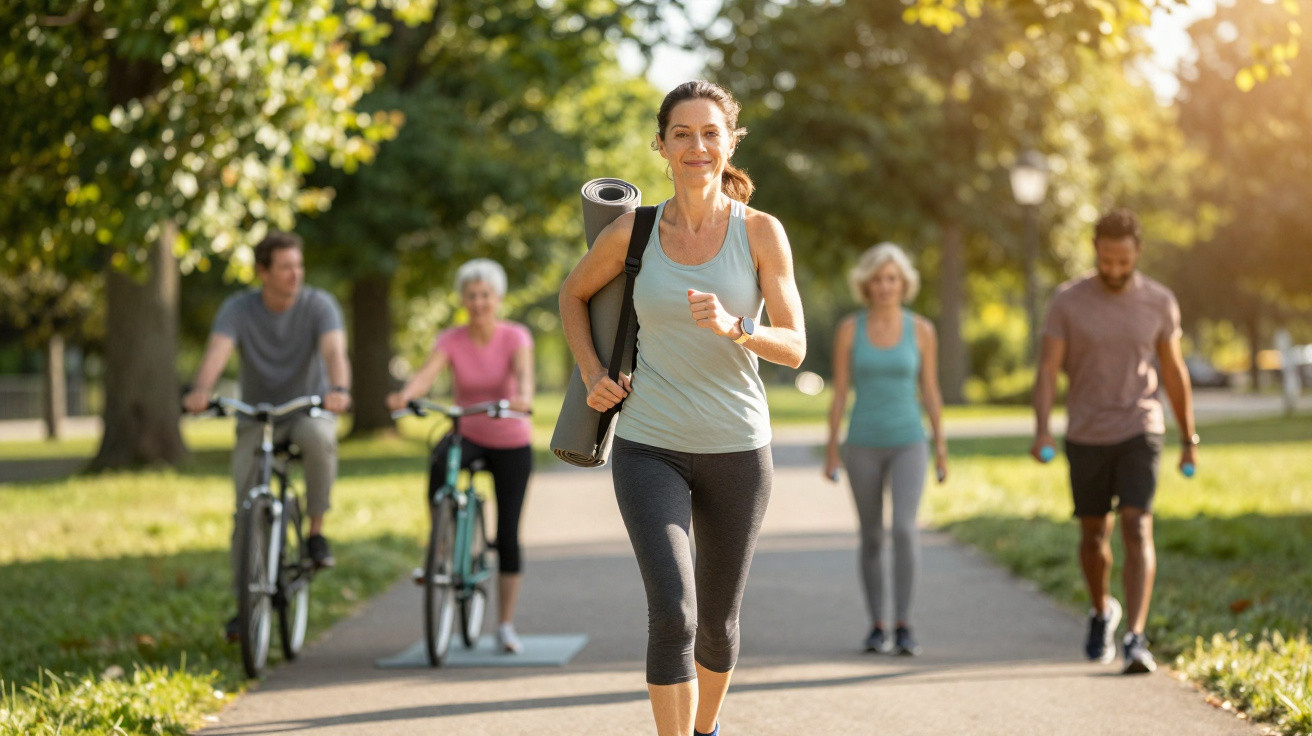 Mulher jovem a correr num parque com tapete de yoga ao ombro e outras pessoas a andar de bicicleta e a caminhar.