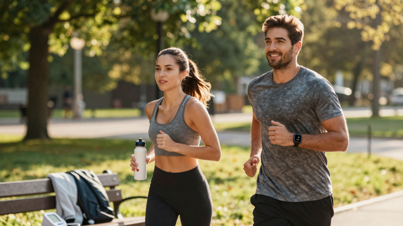Casal a correr no parque em roupa de desporto, mulher com garrafa de água na mão.