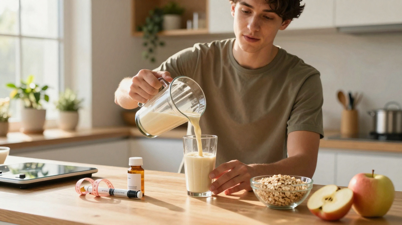 Jovem a servir batido de proteína em copo na cozinha, com aveia e maçãs na mesa.
