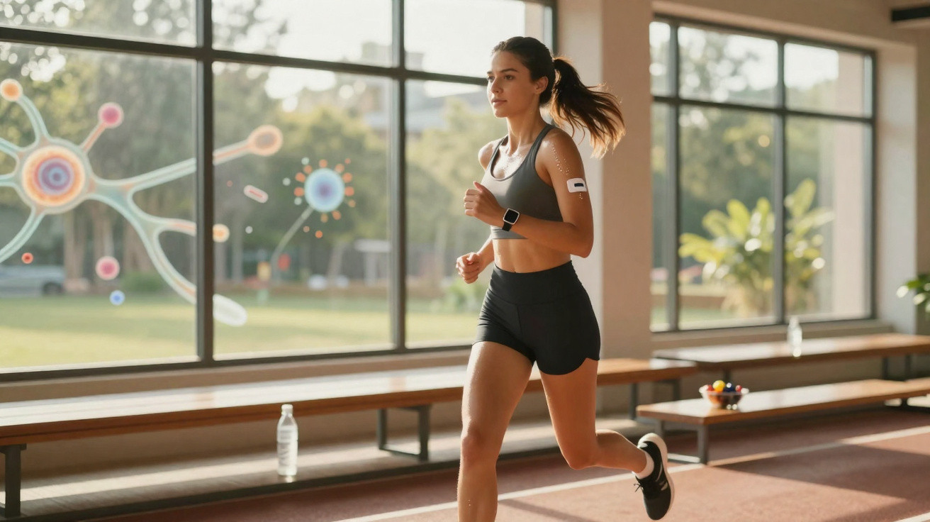 Mulher jovem a correr num ginásio com janelas grandes e adesivos coloridos na vidraça.