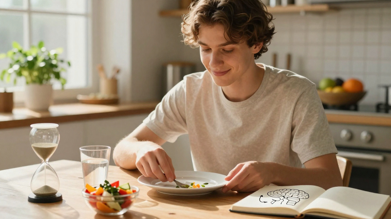 Jovem a comer legumes, com caderno aberto e ampulheta numa mesa de cozinha luminosa.