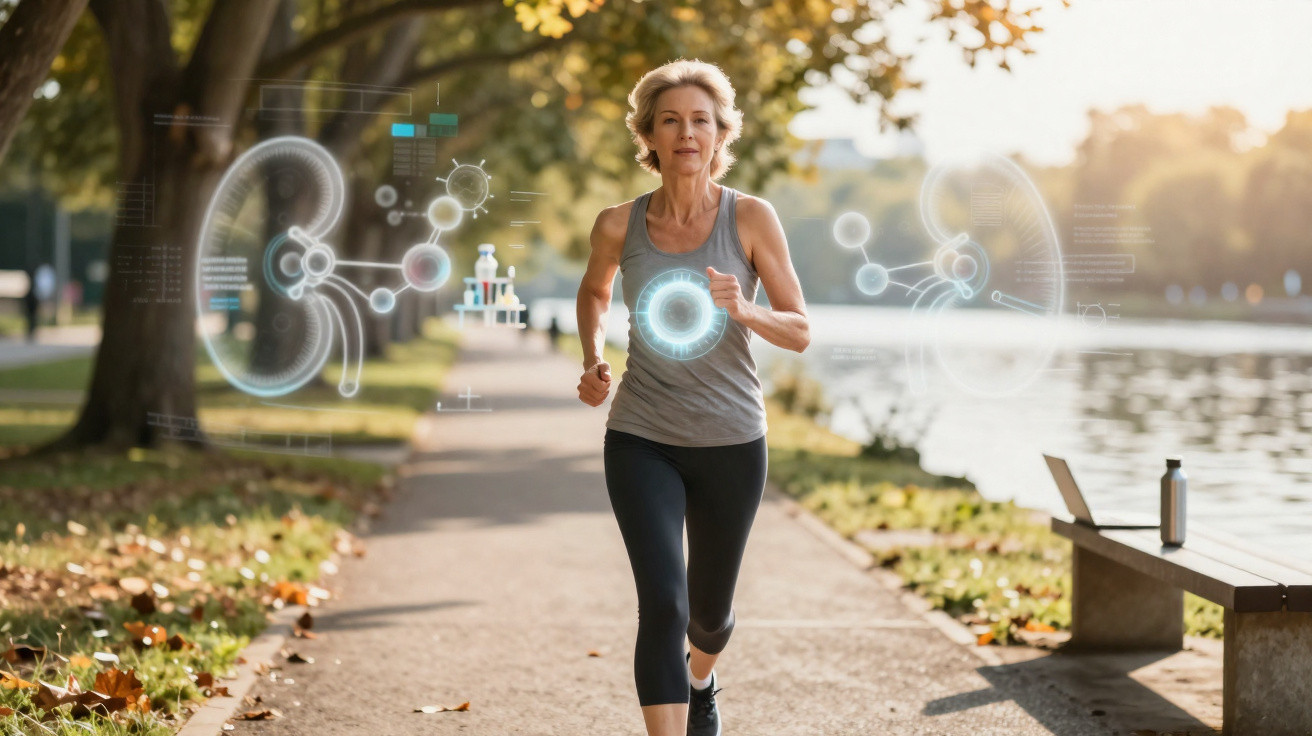 Mulher a correr num parque com gráficos digitais relacionados com saúde e anatomia em torno dela.