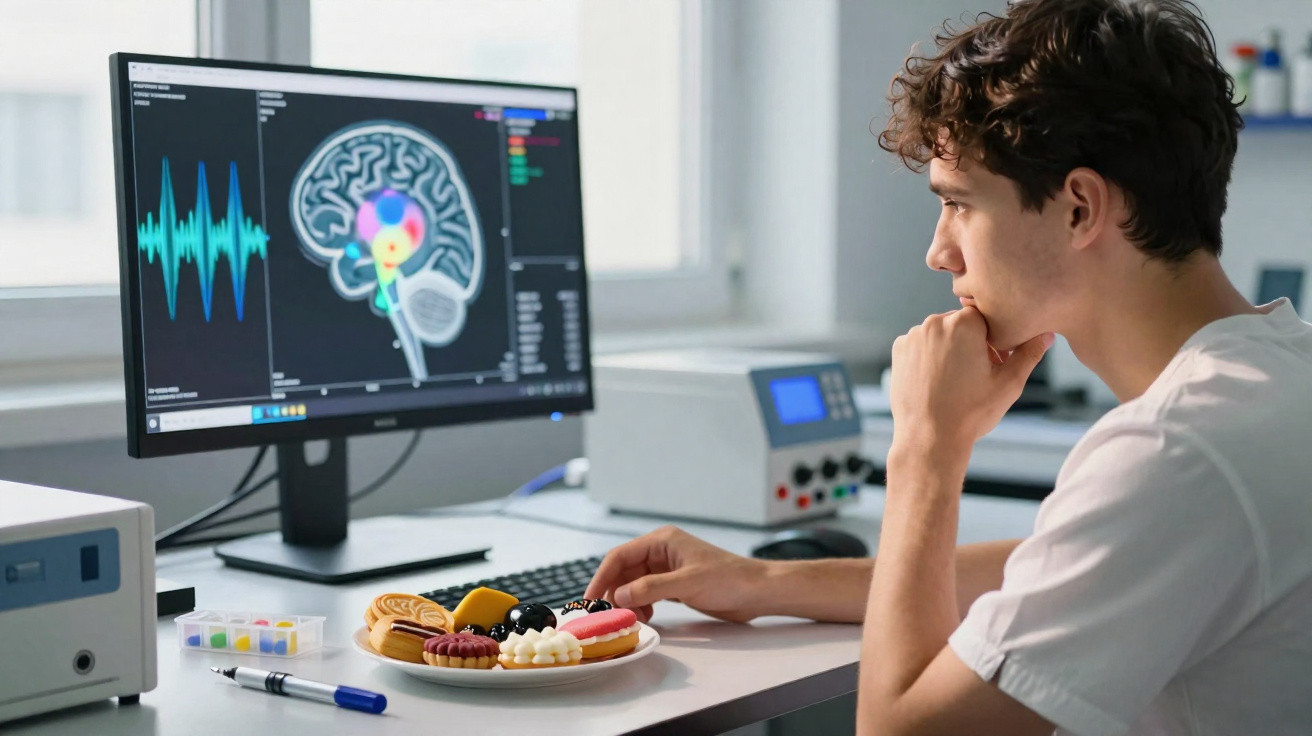 Jovem analisa dados cerebrais num ecrã de computador, com um prato de doces e sobremesas à sua frente.