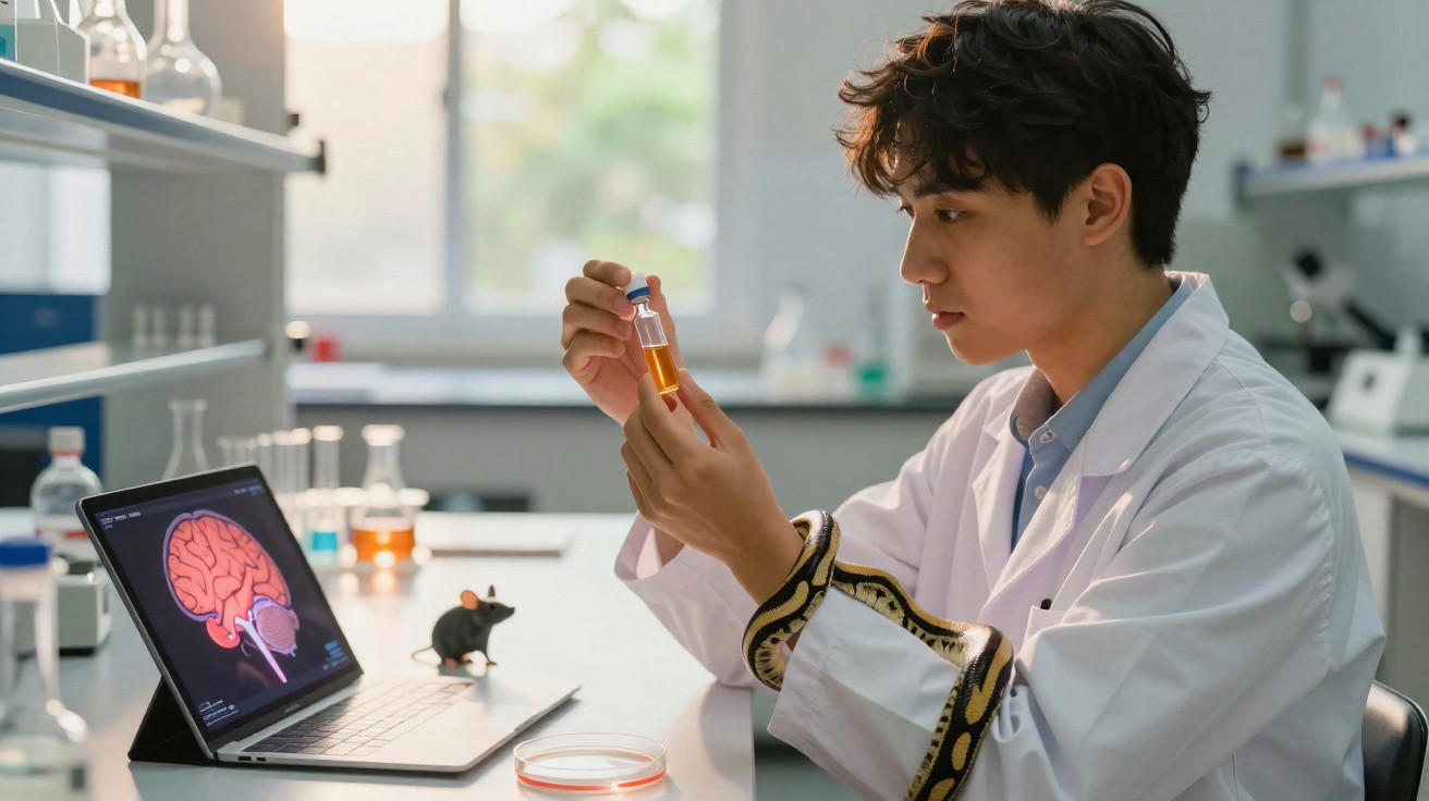 Cientista analiza frasco com líquido, com cobra enrolada no braço, rato e cérebro em imagem no computador.