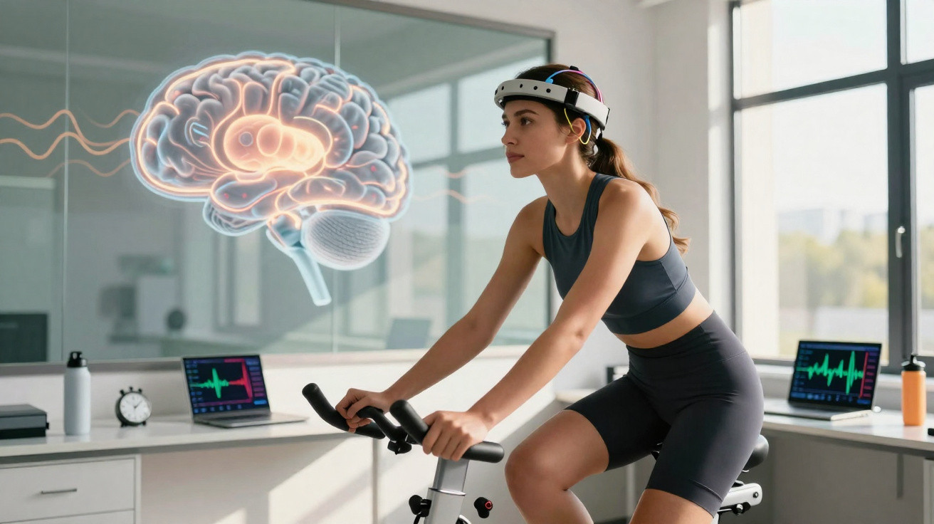 Mulher numa bicicleta estática com capacete de monitorização cerebral e imagem digital de cérebro.