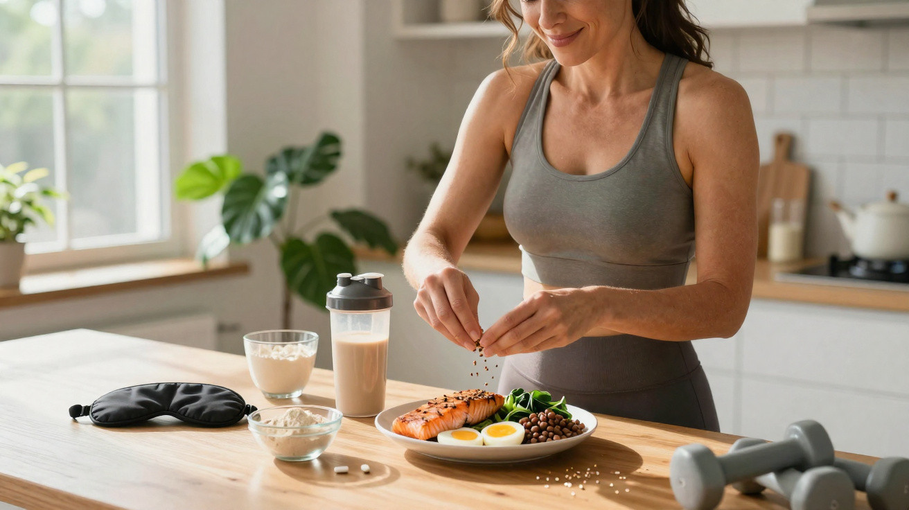 Mulher a temperar refeição saudável com salmão, ovos e legumes na cozinha, ambiente iluminado e equipamento de exercício.