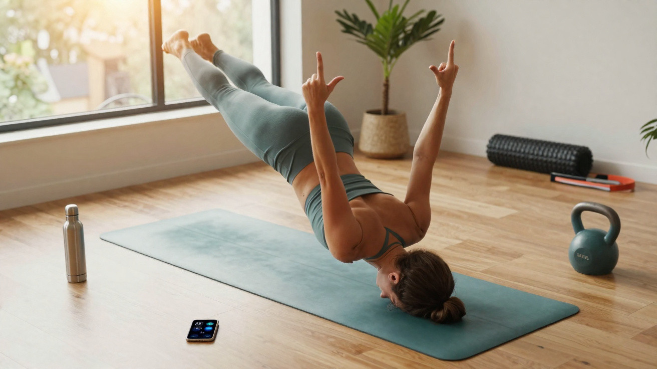 Mulher a fazer exercício de equilíbrio num tapete de yoga numa sala iluminada e arrumada.