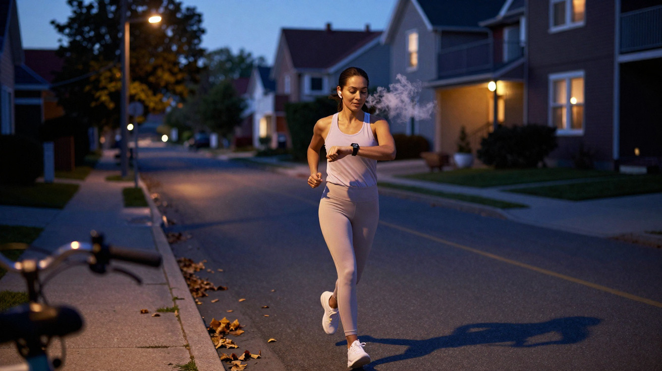 Mulher a correr à noite numa rua residencial, a olhar para o relógio no pulso.