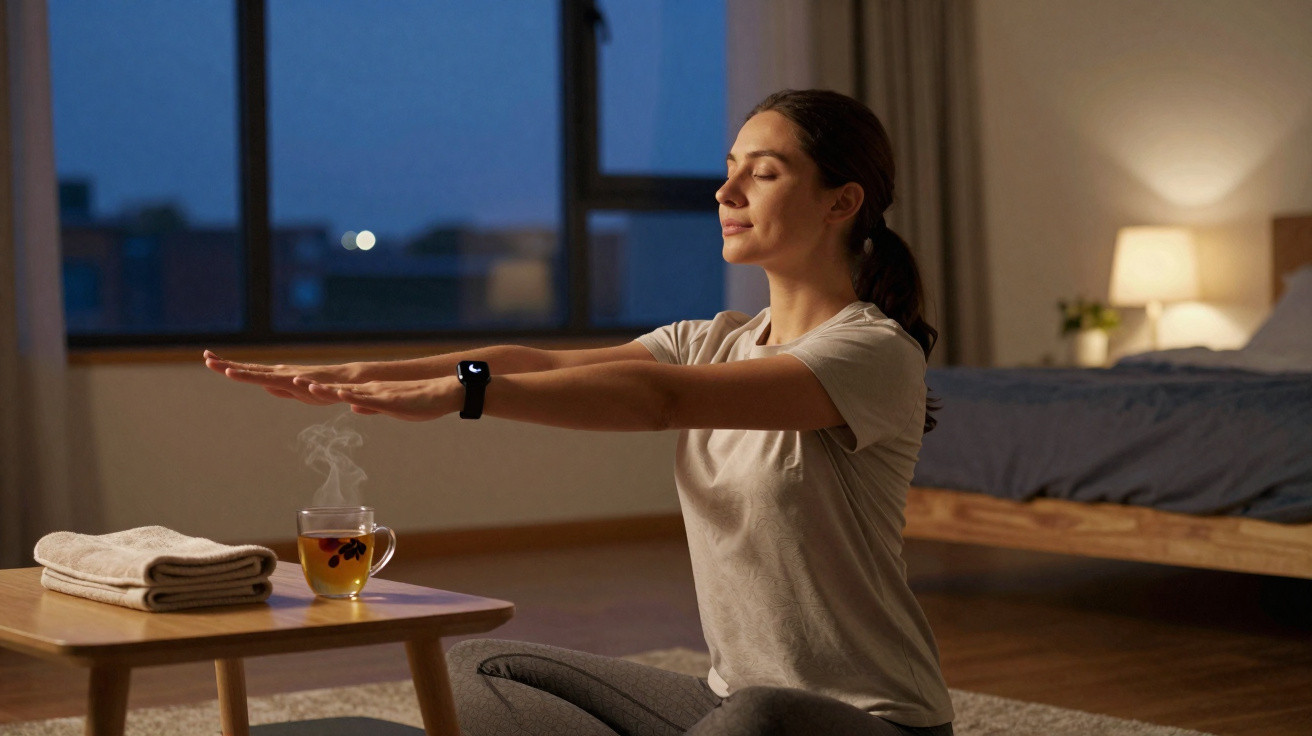 Mulher sentada em posição de meditação com olhos fechados, braços estendidos e chá quente numa mesa à frente.