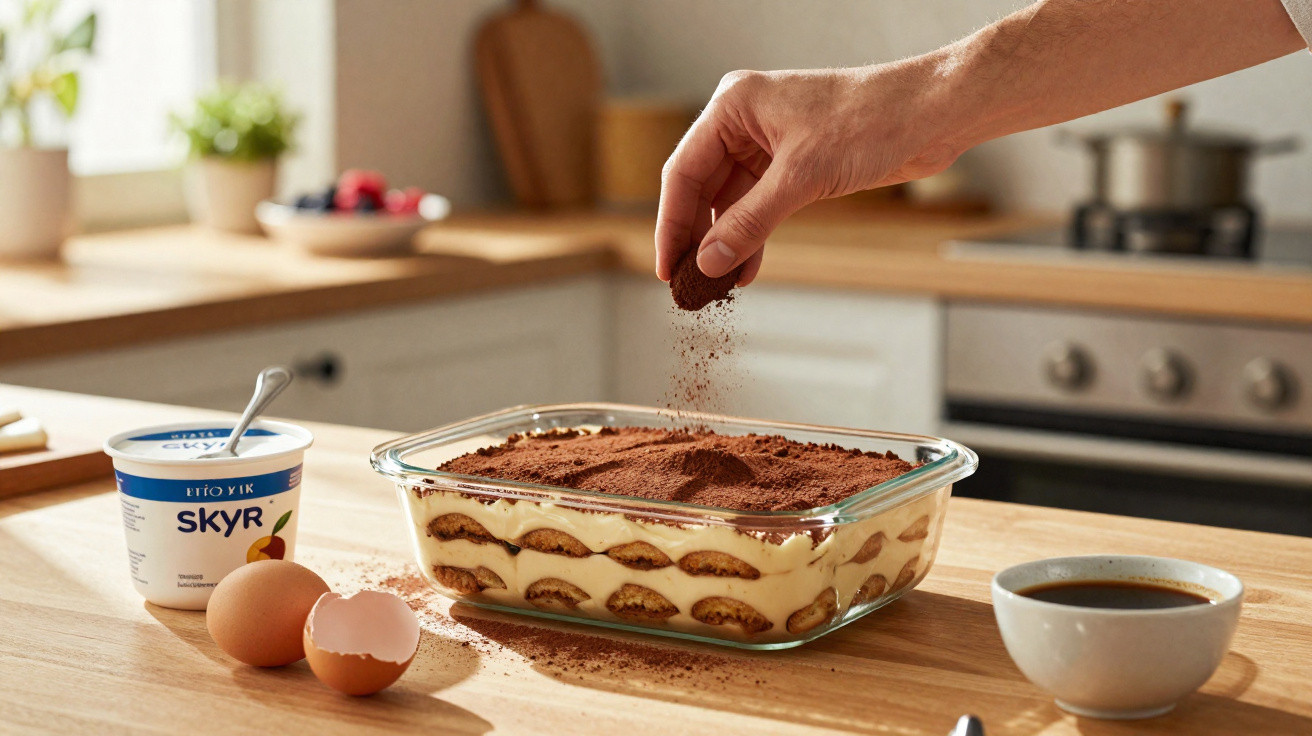 Mão polvilhando cacau sobre tiramisu caseiro com ovos, iogurte e café na bancada da cozinha.