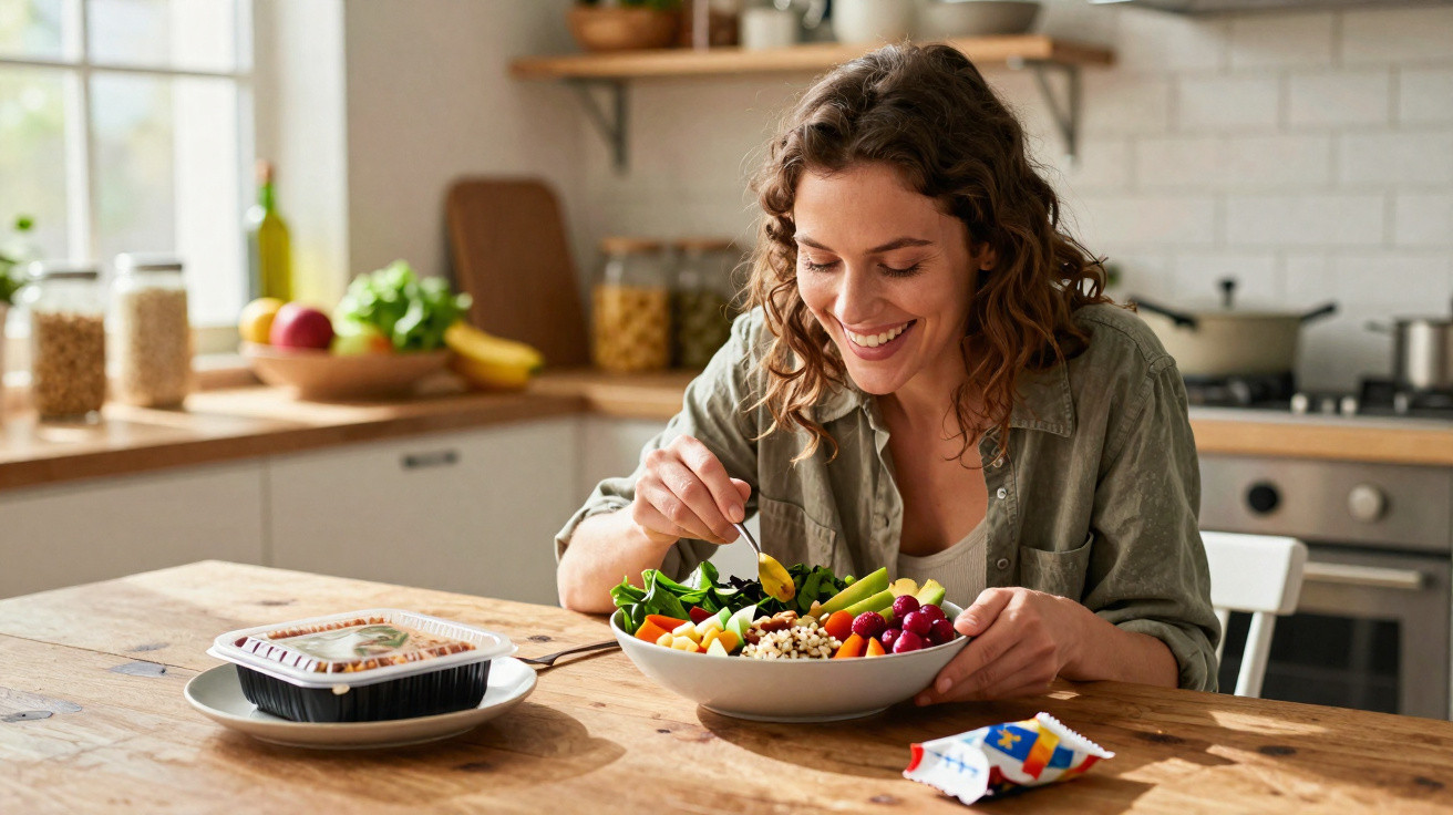Mulher sorridente a comer uma salada colorida sentada à mesa numa cozinha moderna e luminosa.
