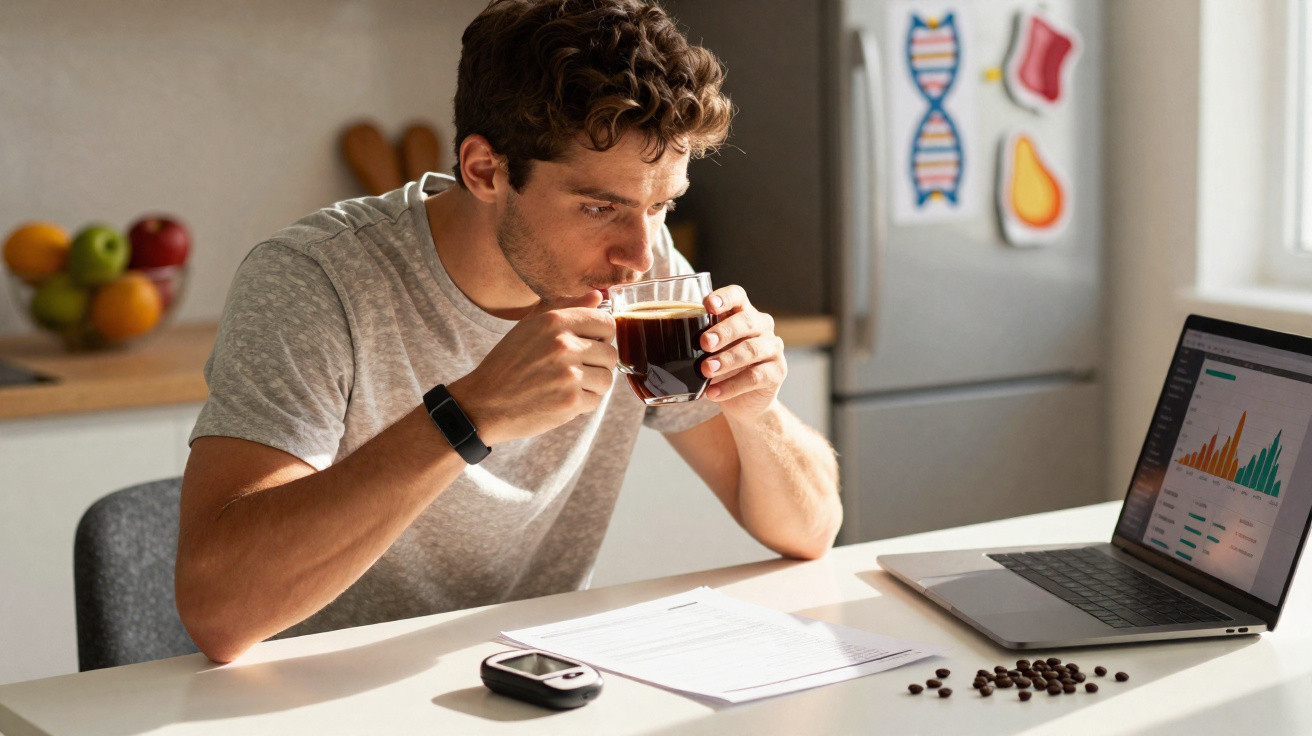 Homem a beber café enquanto trabalha num portátil, com mesa com documentos e grãos de café.