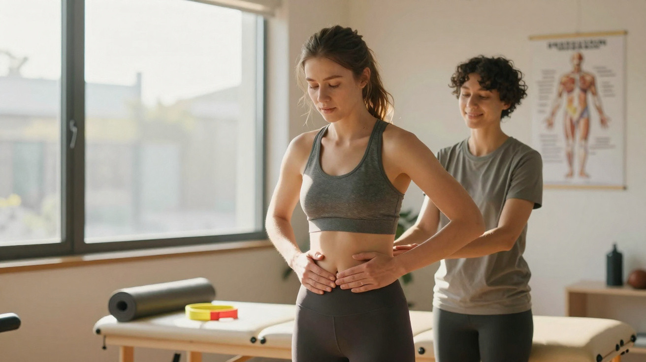 Mulher a fazer fisioterapia com terapeuta num consultório luminoso com poster anatómico na parede.