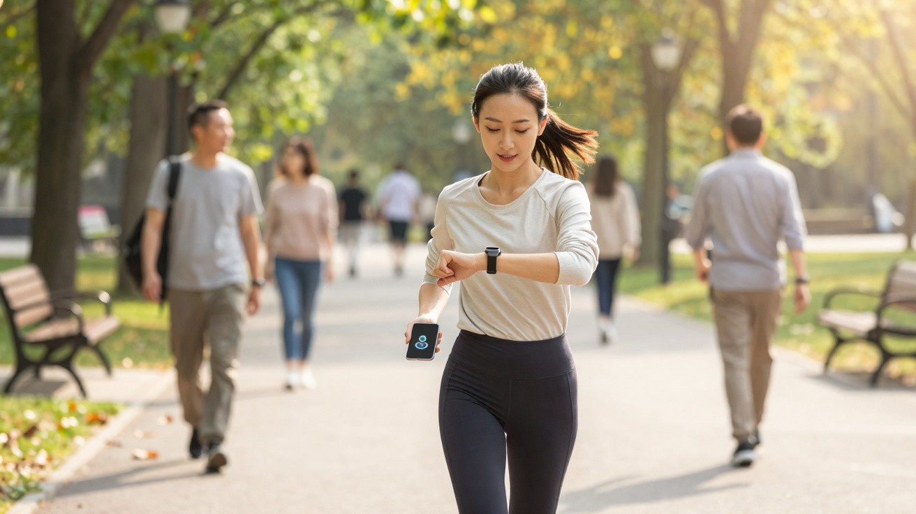 Mulher jovem a correr no parque a olhar para um relógio inteligente no pulso, segurando telemóvel.