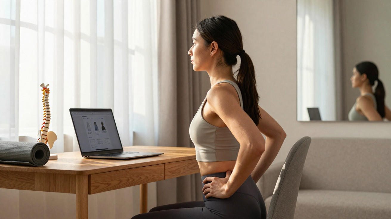 Mulher a fazer exercício de alongamento sentada, com coluna em modelo e computador sobre mesa à frente.