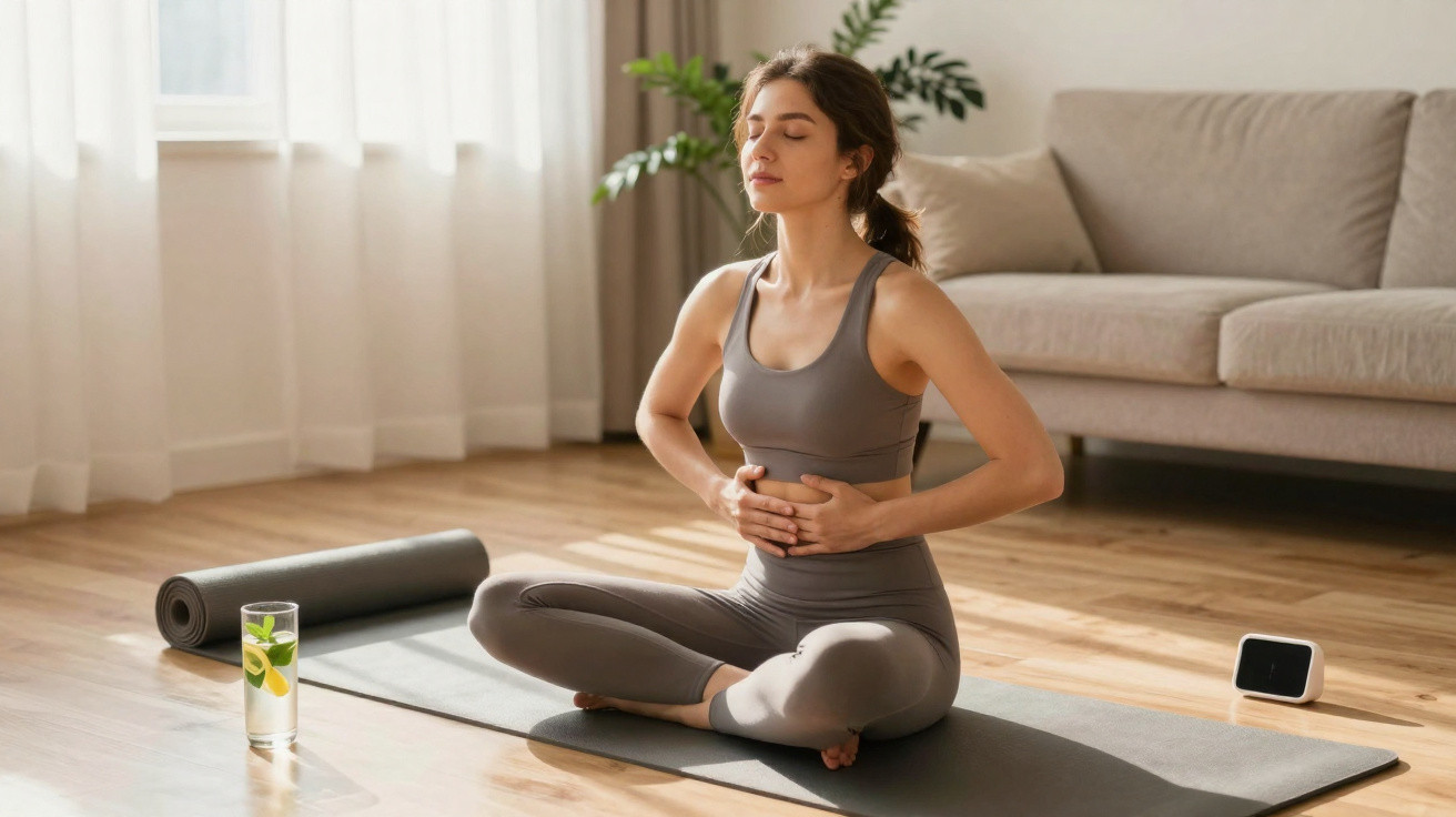 Mulher jovem em roupa desportiva a fazer meditação sentada no chão numa sala luminosa.