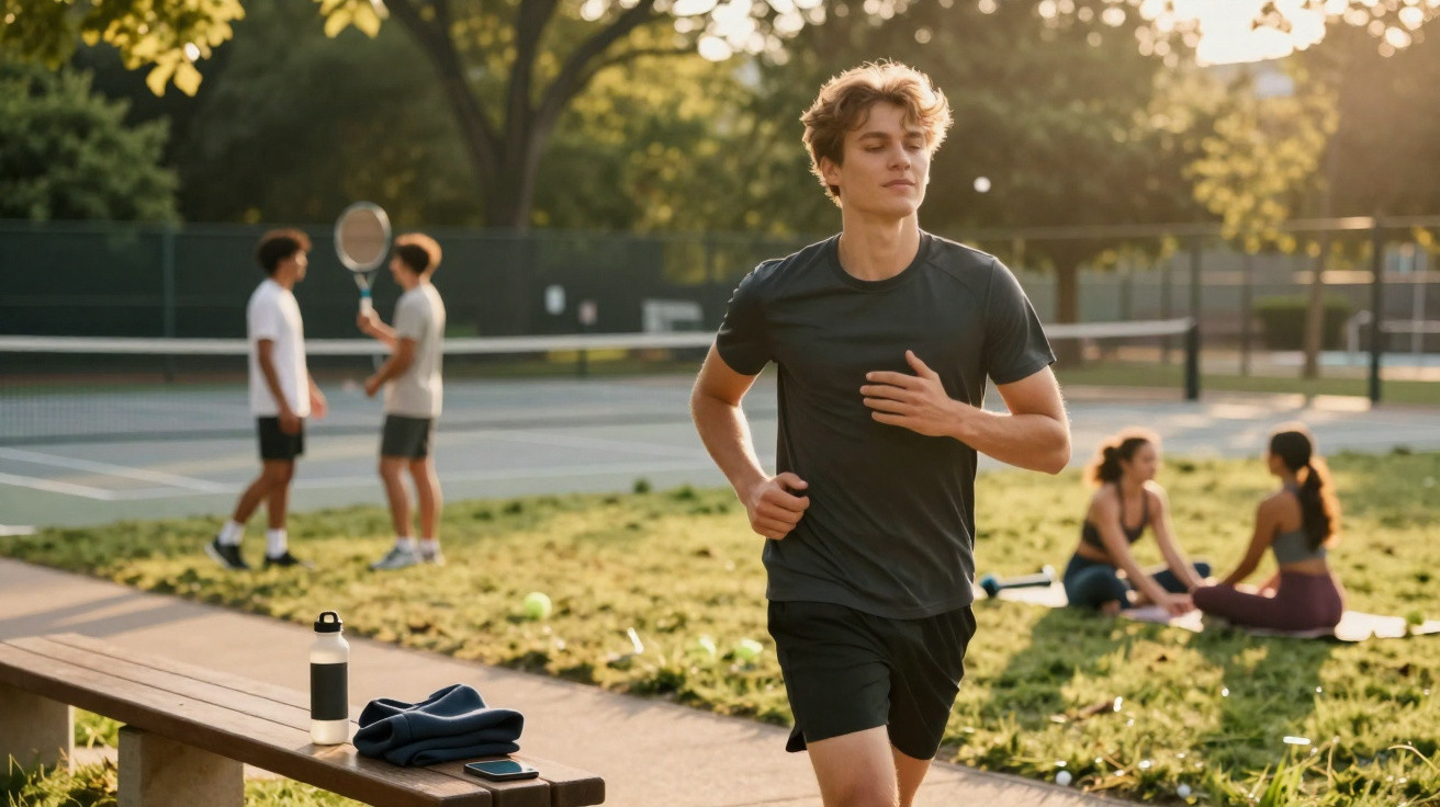Jovem a correr num parque com duas pessoas a jogar ténis e duas mulheres sentadas no relvado ao fundo.