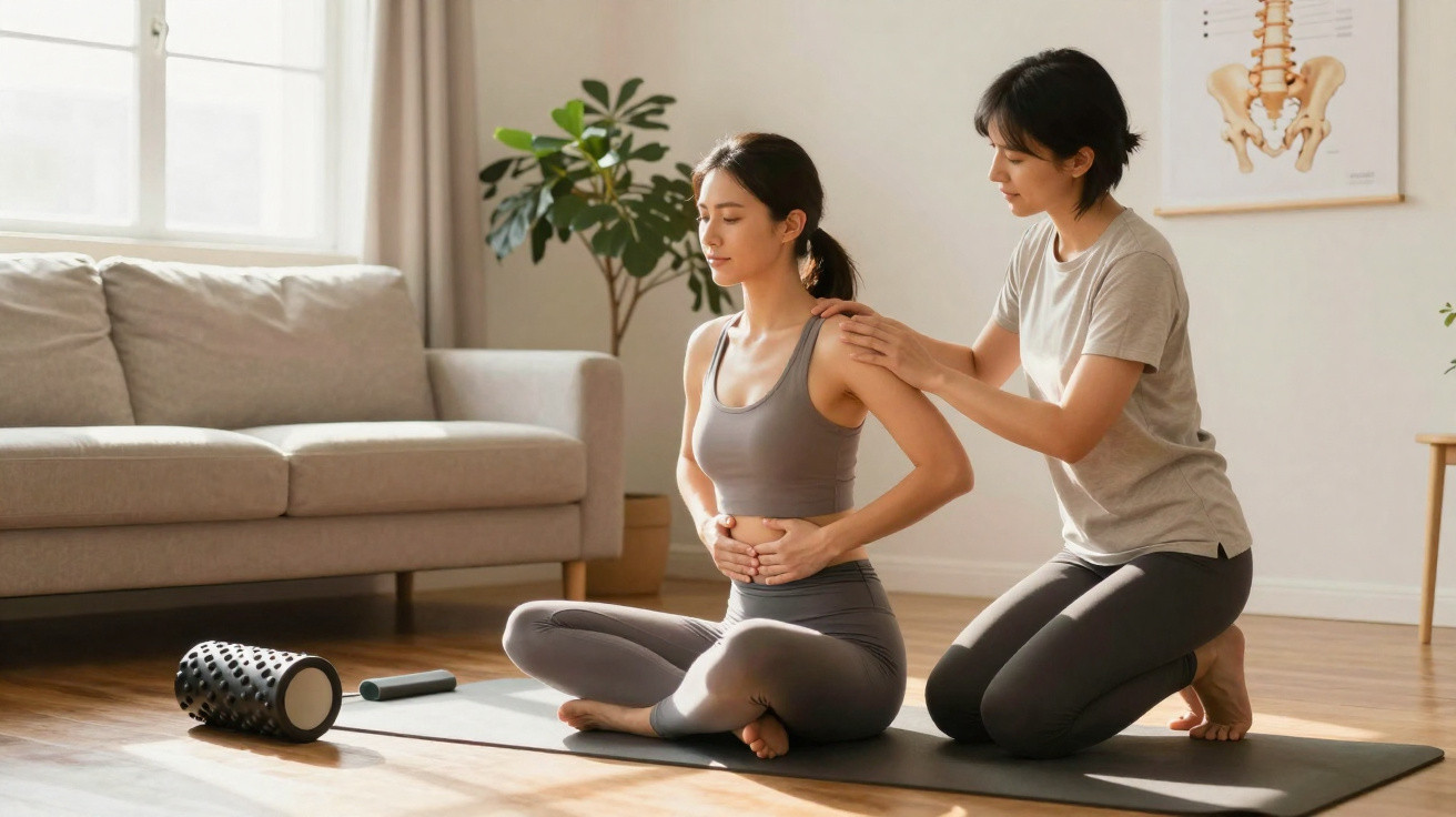 Mulher a fazer exercício de alongamento com instrutora a ajudar no ombro numa sala de estar.