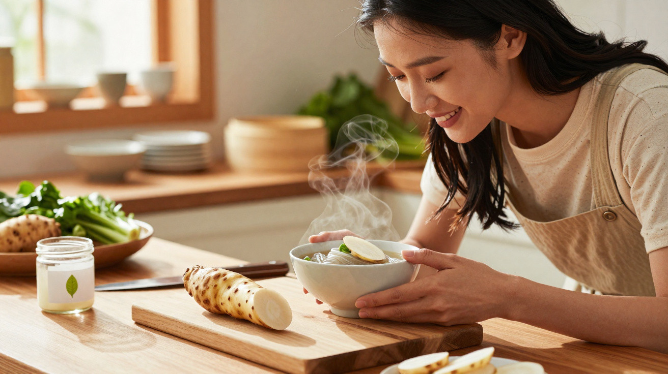 Mulher a cheirar tigela de sopa quente numa cozinha, com legumes frescos e utensílios ao redor.
