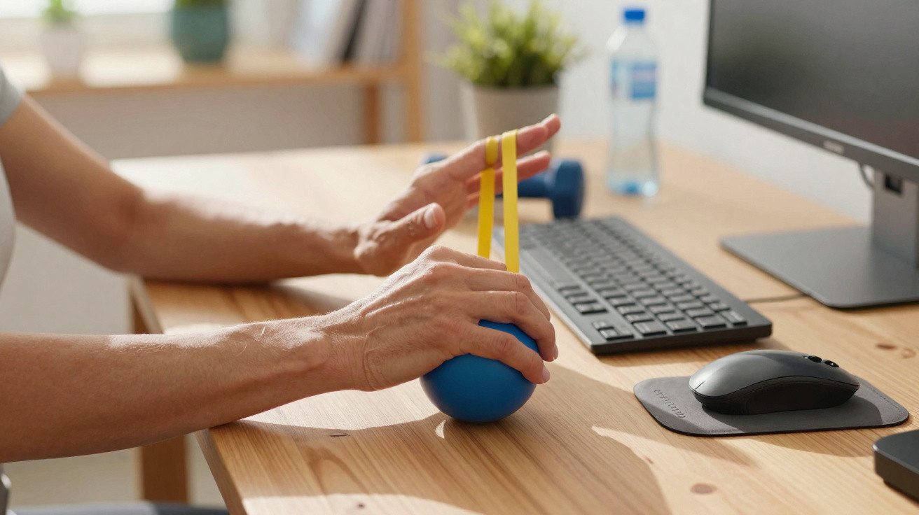 Mãos exercitando com bola e elásticos ao lado de teclado e rato num escritório em casa.