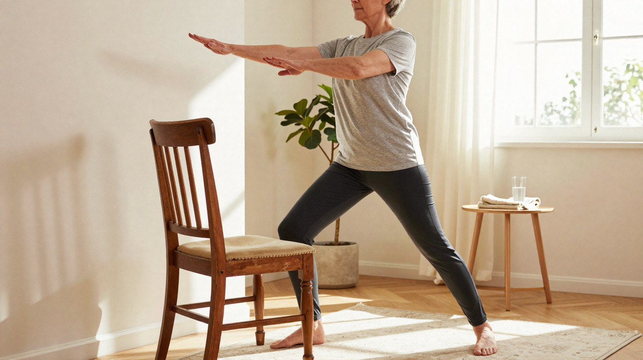 Mulher de idade média a fazer exercício de equilíbrio em casa, usando uma cadeira como apoio.