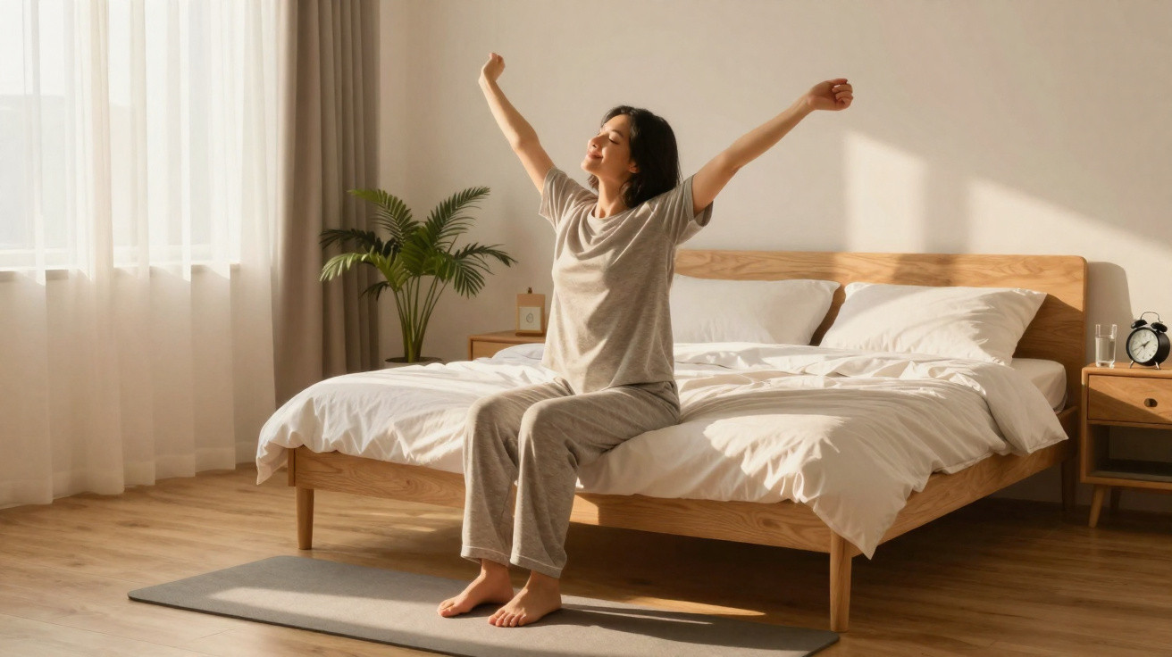 Mulher sentada na cama a espreguiçar-se numa manhã iluminada por luz natural através da janela.